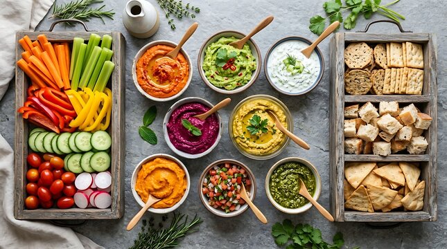 Healthy vegetable platter with various colorful dips and crackers for a party. kitchen dip station