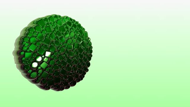 Minimalist 3D rotating chrome green cylinder and cube cluster, loopable creative pattern background with side copy space on light green.