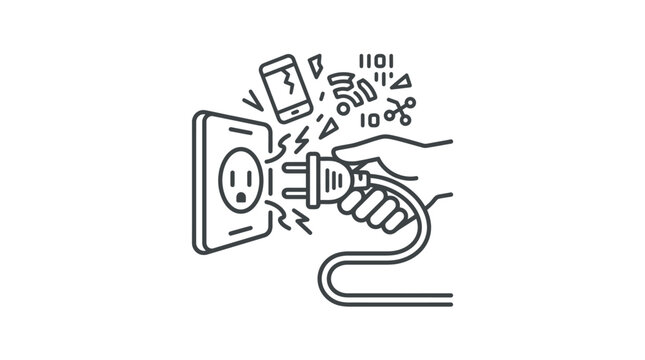 Hand plugging power cord into wall socket with digital icons