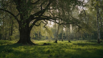 Fototapeta premium Large tree with hanging branches in a forest clearing