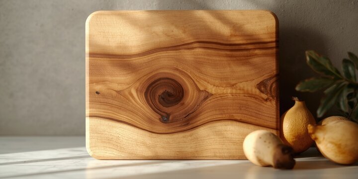 Kitchen cutting board crafted from natural wood featuring characteristic grain and knots