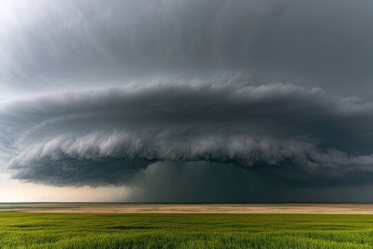 Massive Supercell Thunderstorm Approaching Over Green Field.