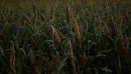 Fototapeta premium Summer cornfield featuring dense stalks and highlighted corn cobs