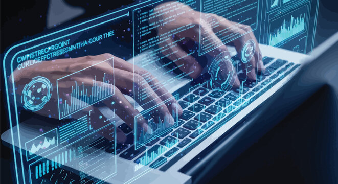 Cyberpunk coding, futuristic programming, blue neon interface, data visualization