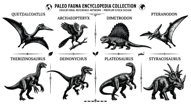Collection of various prehistoric dinosaurs in a paleo fauna encyclopedia spread