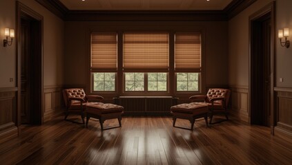 Fototapeta premium Room with polished hardwood floors in brown shades and comforting beige walls