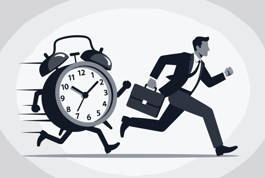 Stressed businessman in a suit runs away from a large alarm clock that has developed legs and arms and is chasing him in a fast motion.