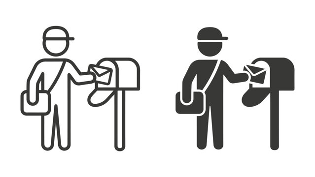 Mail carrier delivering mail: Two graphic icons depict a mail carrier wearing a cap and a shoulder bag, placing mail into a mailbox, representing postal service and delivery.