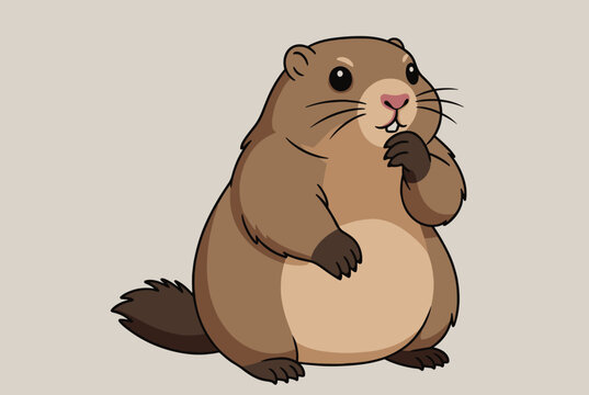 Cute illustration of a brown groundhog or woodchuck standing on its hind legs and looking curious against a neutral light beige background.