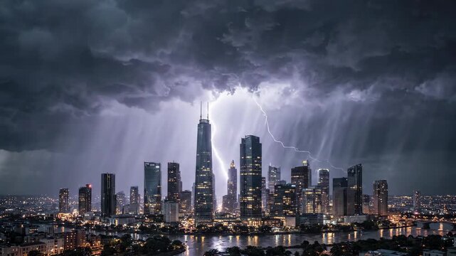 Dramatic Stormy City Skyline with Lightning and Dark Clouds.