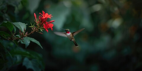 Fototapeta premium Hummingbird hovering near vibrant red flowers