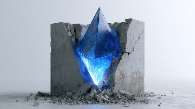 Abstract Blue Crystal Emerging from Cracked Concrete Block.