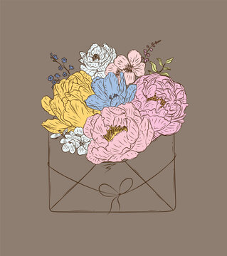 Envelope made with different flowers drawing in floral style on brown background