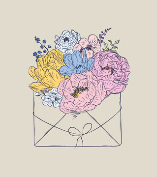 Envelope made with different flowers drawing in floral style with blue on beige background
