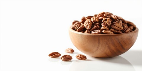 Obraz premium Pecans in a wooden bowl with scattered nuts