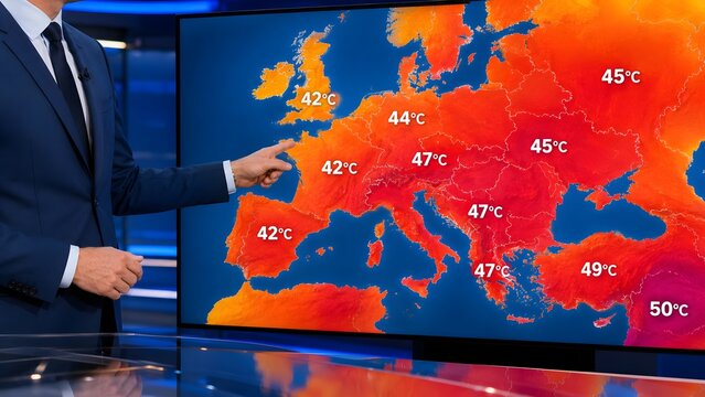 News meteorologist pointing at a large digital screen showcasing an extreme heatwave map across Europe, highlighting soaring temperatures due to climate change.