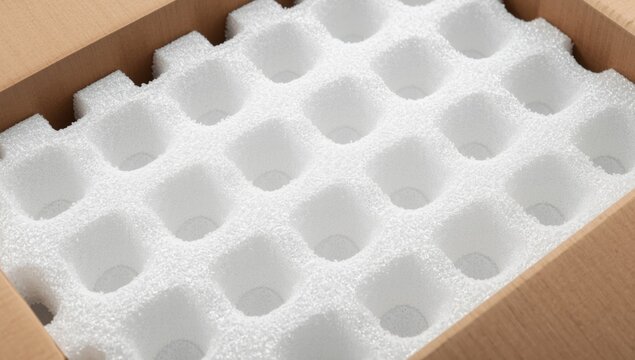 Empty packaging with white foam inserts in a cardboard box