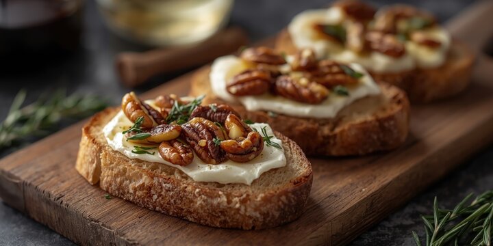 Toasted bread topped with warm brie cheese nuts herbs and rustic wine presentation