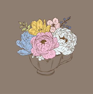 Cup tea or coffee made with different flowers drawing in floral style on brown background