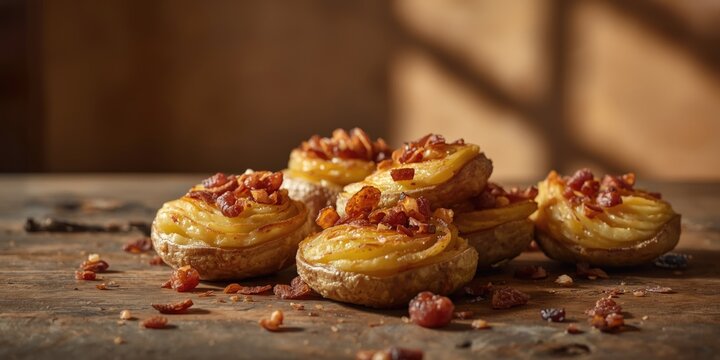 Rustic roasted smashed potatoes sprinkled with crispy bacon bits