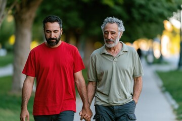 Fototapeta premium Two men holding hands walking on tree lined sidewalk for lifestyle banner and urban wellness background