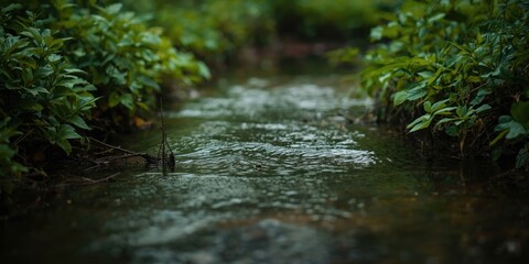 Fototapeta premium placid forest stream surrounded by vivid green plants