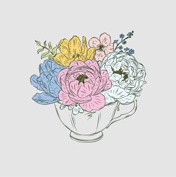 Cup tea or coffee made with different flowers drawing in floral style with green on light background
