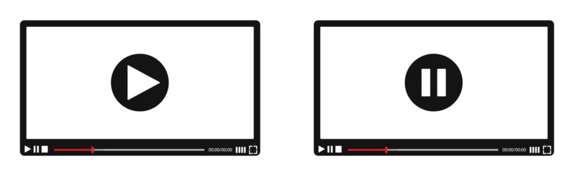 Professional media video player interface mockup set with play and pause button seek bar progress timeline volume and full screen control icons