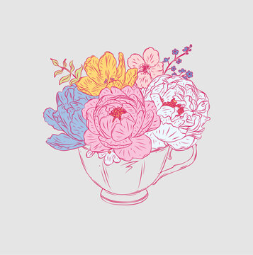 Cup tea or coffee made with different flowers drawing in floral style with pink on light background
