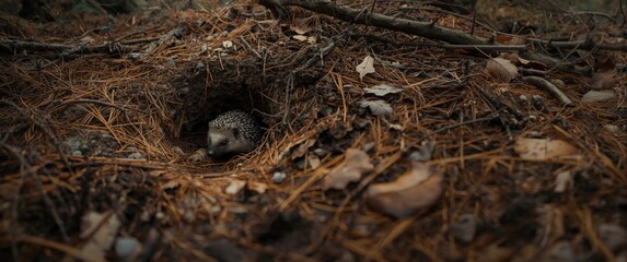 Naklejka premium Hedgehog peeking out of its burrow in woodland leaves