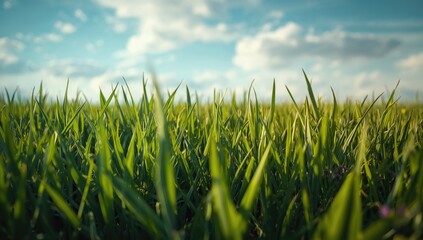 Obraz premium Green grass field under a blue sky with fluffy clouds