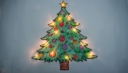 Fototapeta premium Playful Christmas tree drawing featuring glowing lights and decorative baubles for coloring fun