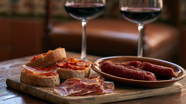 Charcuterie Board with Wine Glasses on Rustic Wooden Table Top View. Mediterranean spanish tapas. 