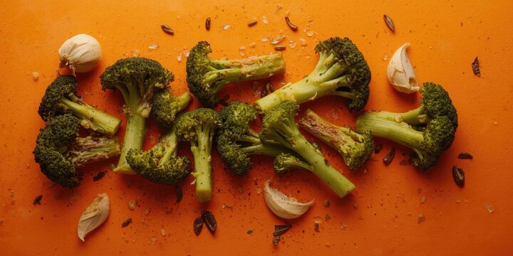 Top down image of garlic infused grilled broccolini resting on orange background
