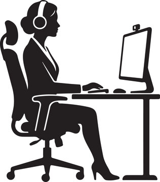 Woman sitting at desk wearing headphones and working on computer terminal