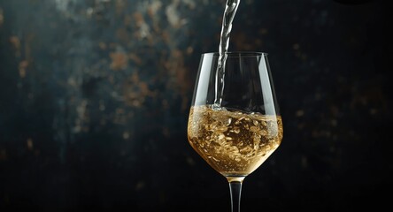 Fototapeta premium White wine pouring into a glass over a dark rustic textured background