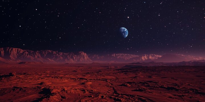 Red alien planet terrain illustrated with orange ground textures and distant mountain ranges beneath a starry night sky with Earth and Saturn
