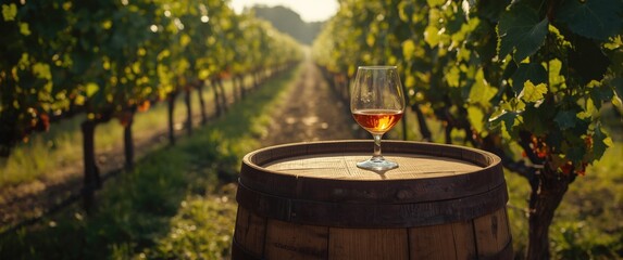Fototapeta premium Vintage wooden barrel holding cognac glass surrounded by tranquil vineyard scenery