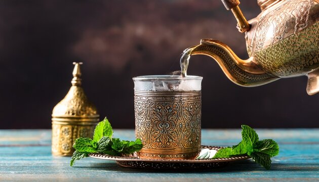 pouring traditional moroccan mint tea from ornate brass teapot