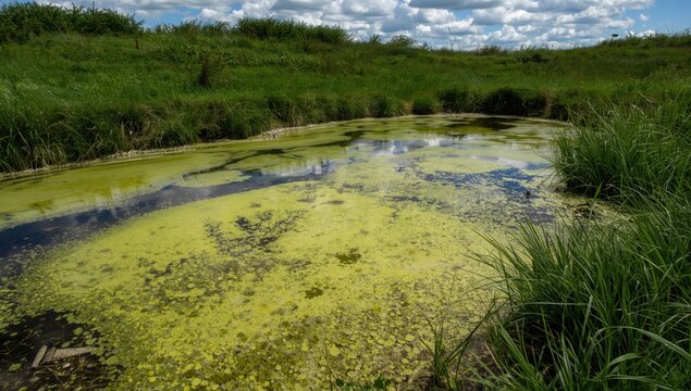 Wetland pond covered in green algae and surrounded by grass