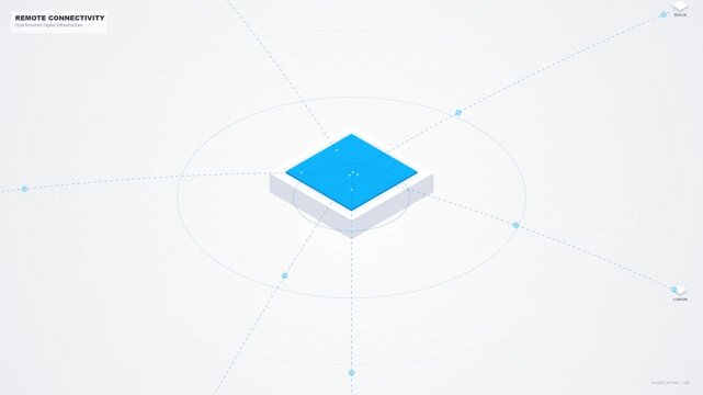 Rotating blue cube with network connections, aerial view
