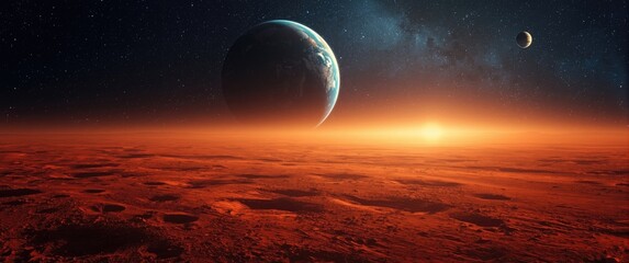Fototapeta premium red martian surface with orange plains and cosmic sky showing stars along with Saturn and Earth planets