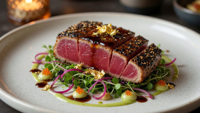 Delicious seared sesame crusted tuna steak with elegant fine dining presentation
