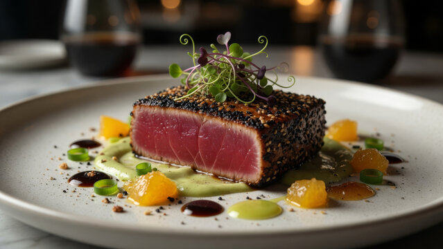 Delicious seared sesame crusted tuna steak with elegant fine dining presentation