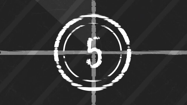 Vintage black and white film 10 seconds countdown leader animation retro cinematic grunge textures and authentic scratch effects creating perfect nostalgic classic movie introductions