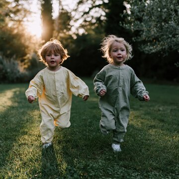Two kids running toward camera in golden hour park for family lifestyle background and candid outdoor play photo