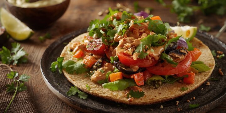 Vibrant vegetable flatbread taco sandwich topped with a rich peanut sauce and dressing