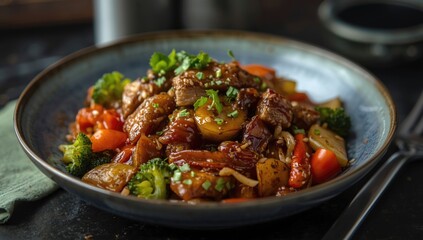 Fototapeta premium Stir-fried beef and vegetables in a blue bowl
