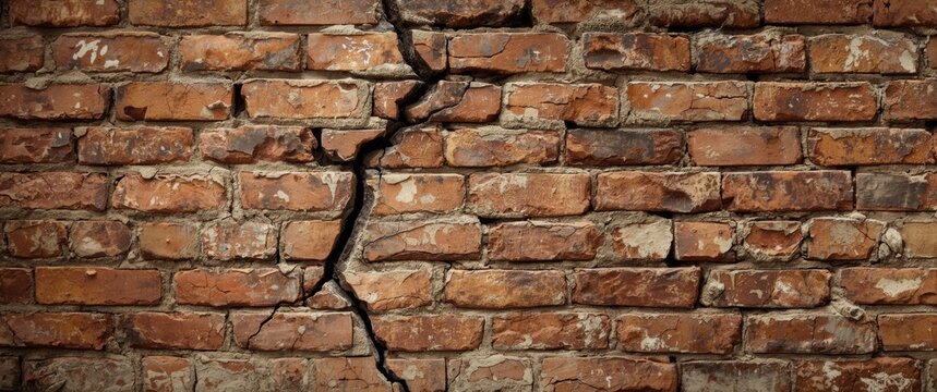 Cracked red brick wall with uneven texture