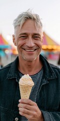 Fototapeta premium Smiling middle aged man holding an ice cream cone at a carnival for social media banner and background
